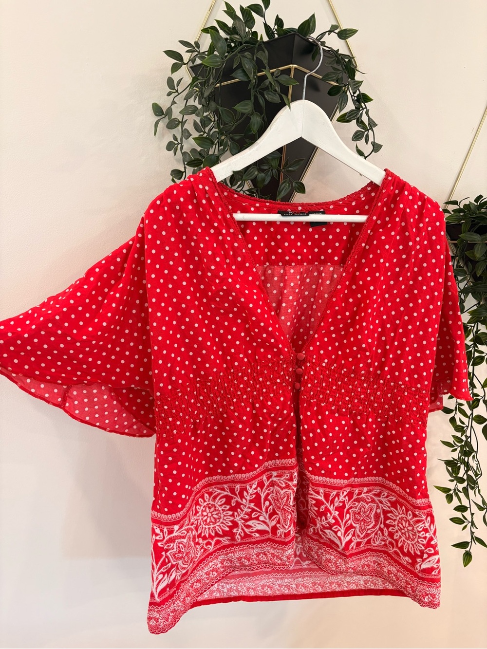 A.L.C. Red Polka Dot V-Neck Blouse with White Border Print